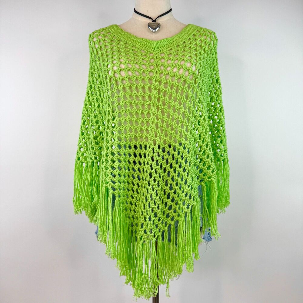 Y2K Vibrant Green Crochet Fringe Knit Poncho Shawl Boho Fairy One Size